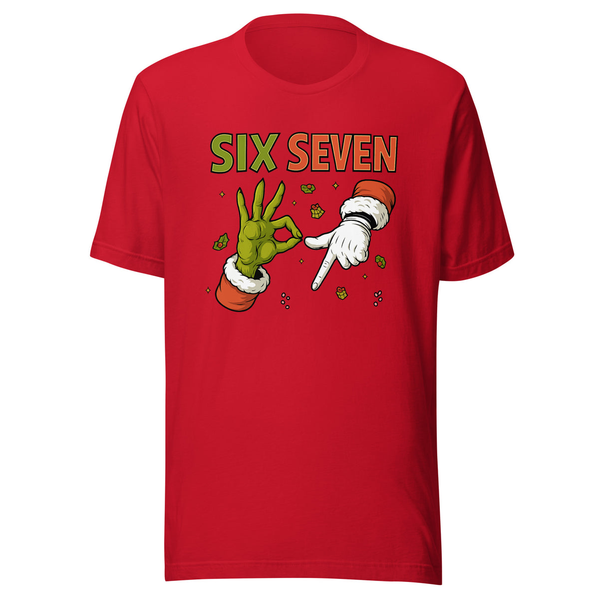 Six Seven – Christmas Meme Edition – Unisex T-Shirt – rot, Vorderansicht