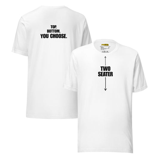 Zweisitzer Shirts in Schwarz und Weiß nebeneinander – Frontansicht