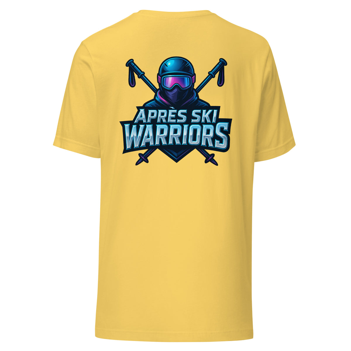 Après Ski Warriors – Backprint T-Shirt für Feier-Gruppen – gelb, Rückansicht