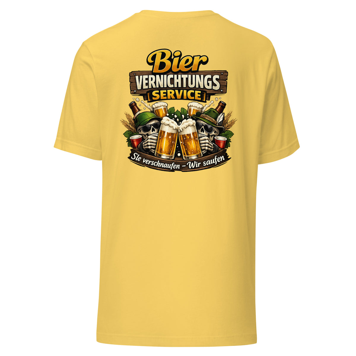 Bier Vernichtungs Service – Backprint Unisex T-Shirt – gelb, Rückansicht