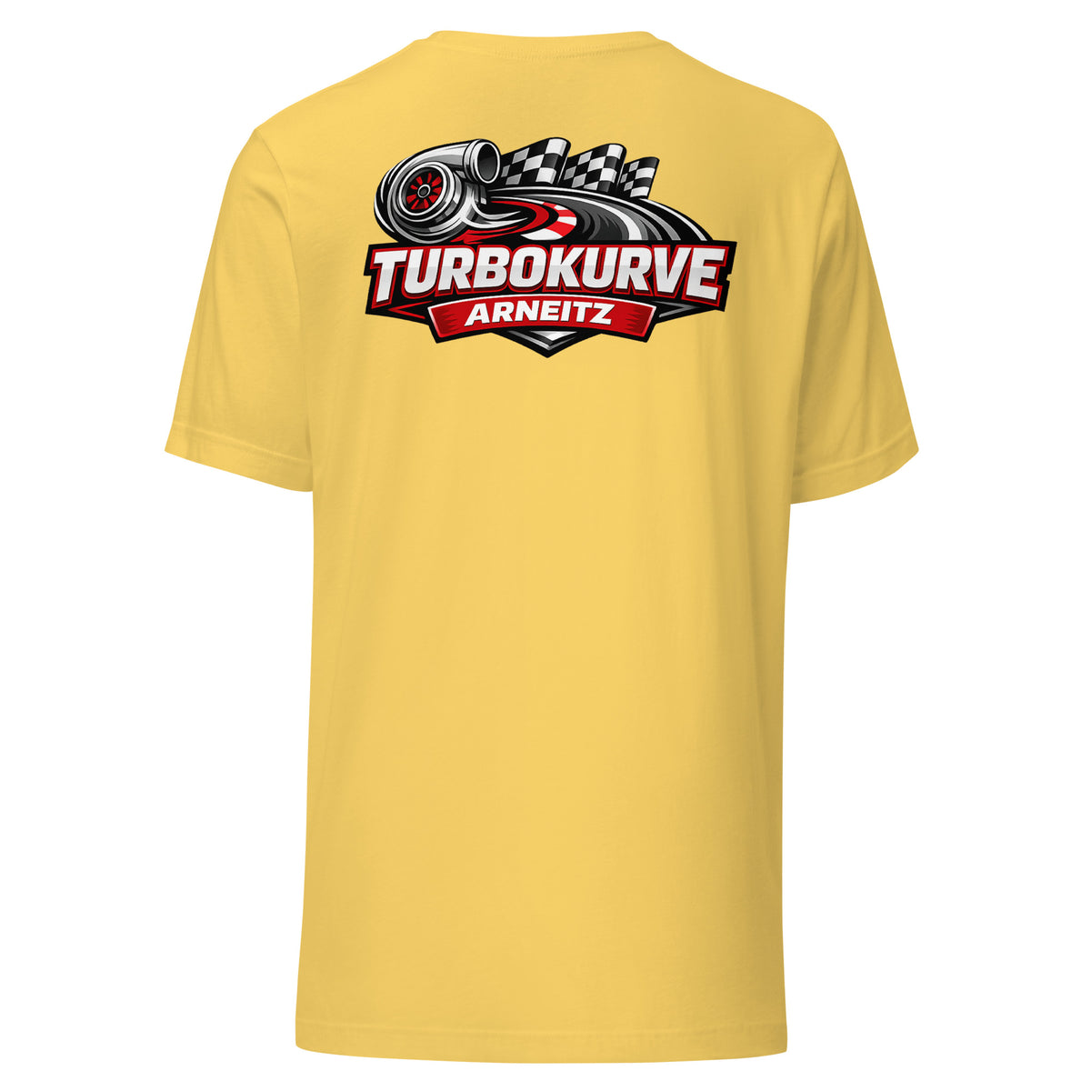 Turbokurve Arneitz – Backprint Unisex T-Shirt – gelb, Rückansicht