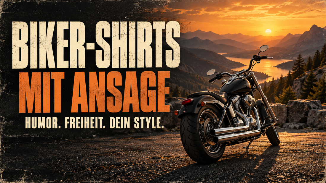 Biker-Shirts mit Ansage: Motorrad am Aussichtspunkt im Sonnenuntergang – Humor, Freiheit, dein Style