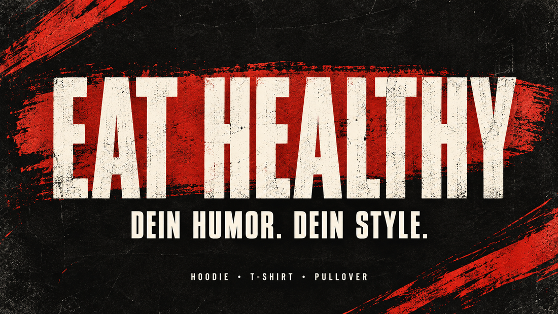 Eat Healthy – Dein Humor. Dein Style. Hoodie, T-Shirt und Pullover in einer schwarz-rot-weißen Schriftgrafik