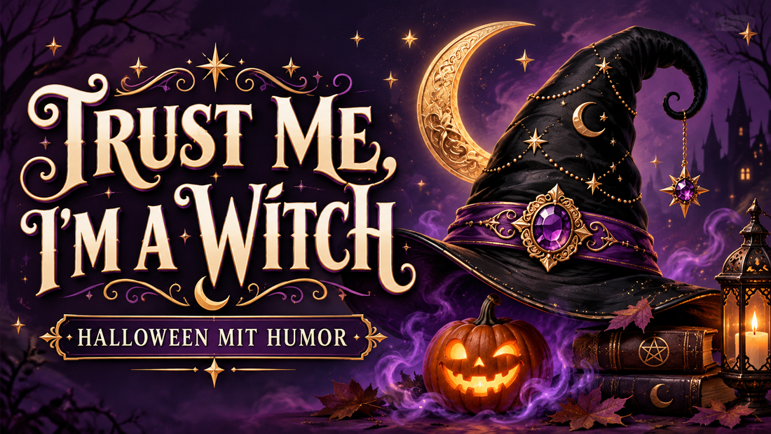 Trust Me, I'm a Witch – Halloween mit Humor: violett-goldener Hexenhut, Mond und leuchtender Kürbis