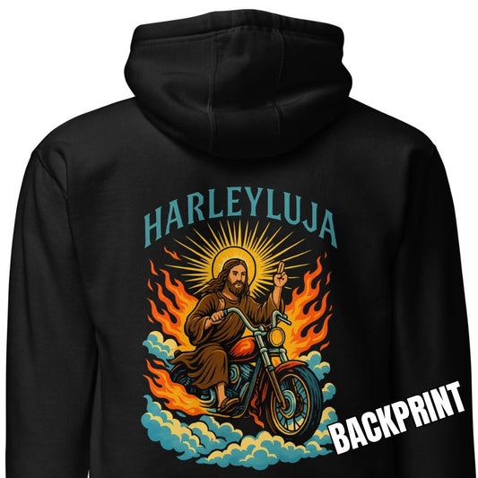 Harleyluja – Jesus fährt Chopper – Unisex Hoodie (Backprint)