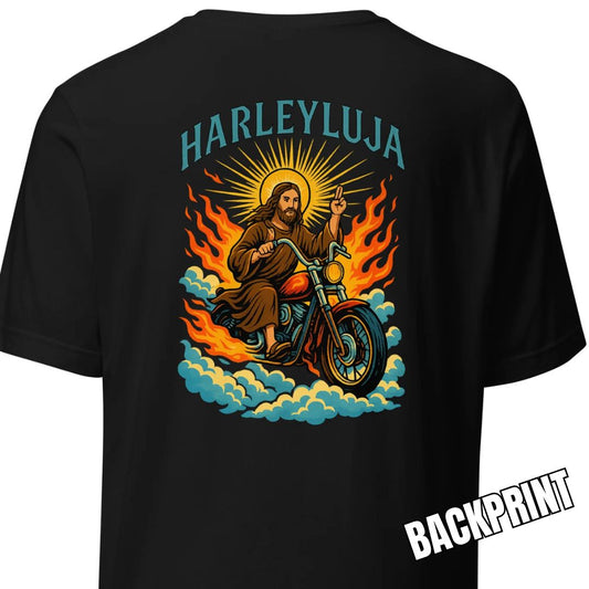 Harleyluja – Jesus fährt Chopper – Backprint T-Shirt