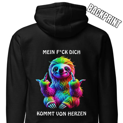 „Mein F*ck Dich kommt von Herzen“ – Faultier Hoodie Backprint