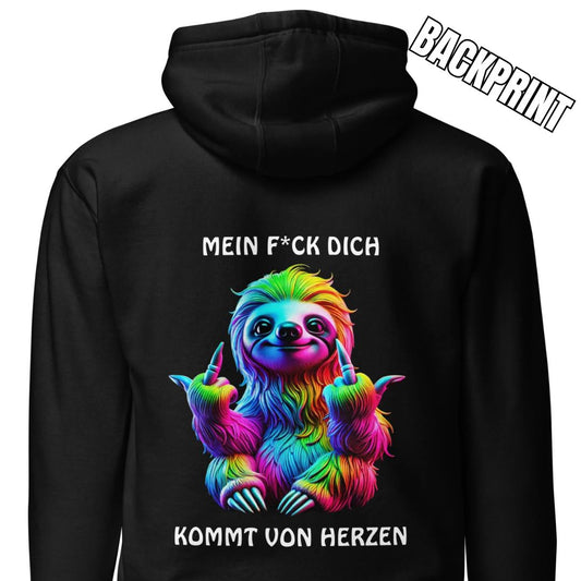 „Mein F*ck Dich kommt von Herzen“ – Faultier Hoodie Backprint