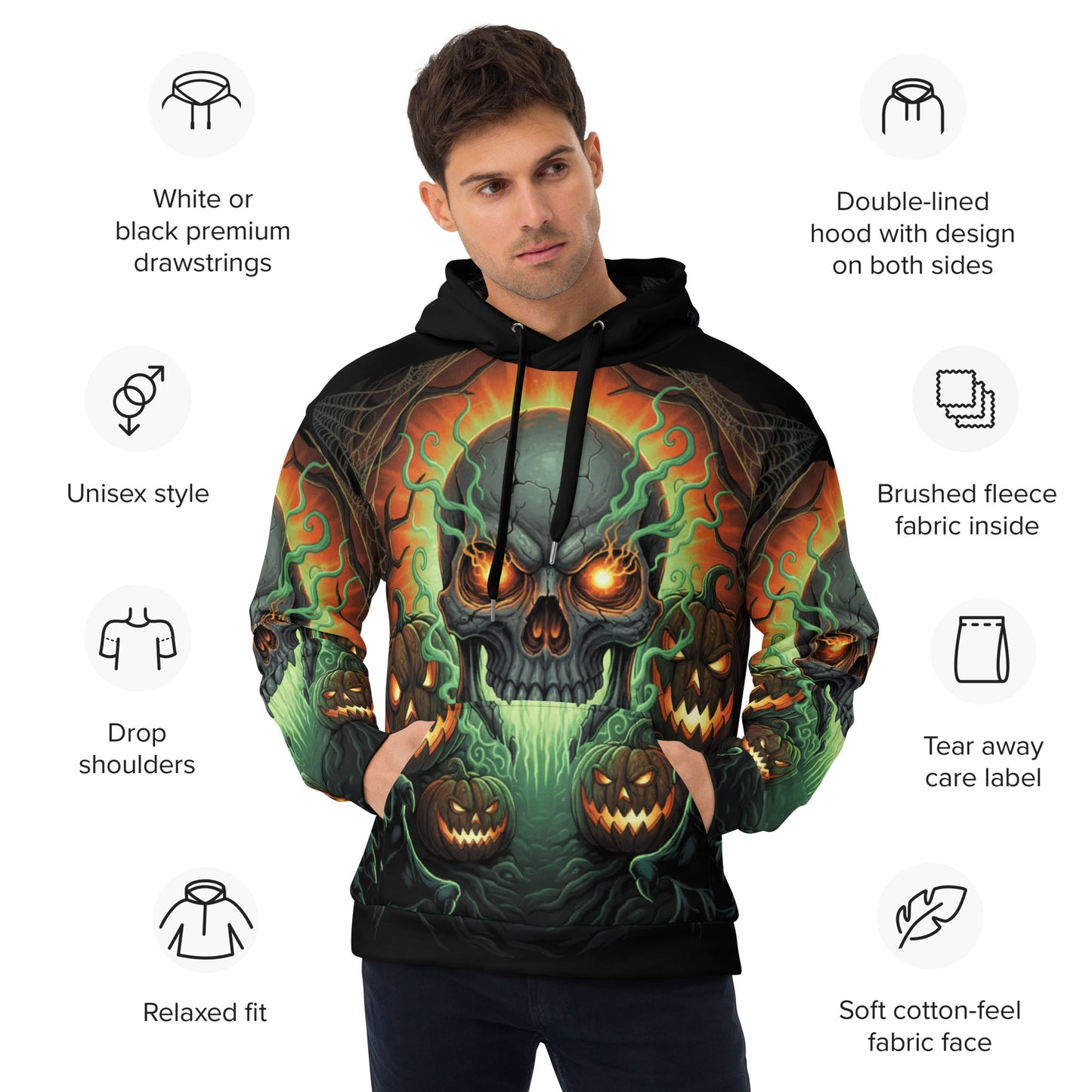 Halloween Skull & Pumpkins - Full Print Hoodie