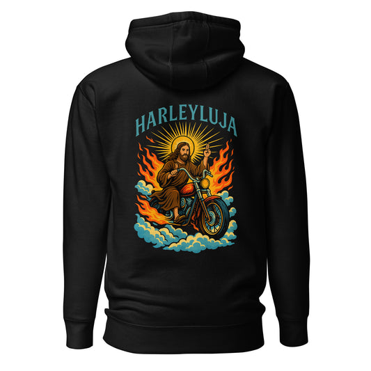 Harleyluja – Jesus fährt Chopper – Unisex Hoodie (Backprint)