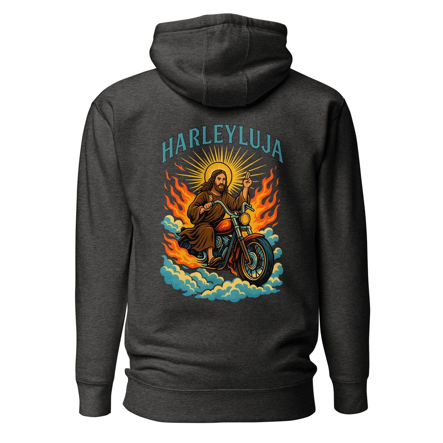 Harleyluja – Jesus fährt Chopper – Unisex Hoodie (Backprint)