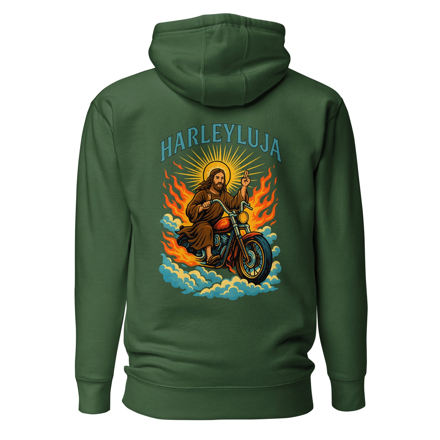 Harleyluja – Jesus fährt Chopper – Unisex Hoodie (Backprint)