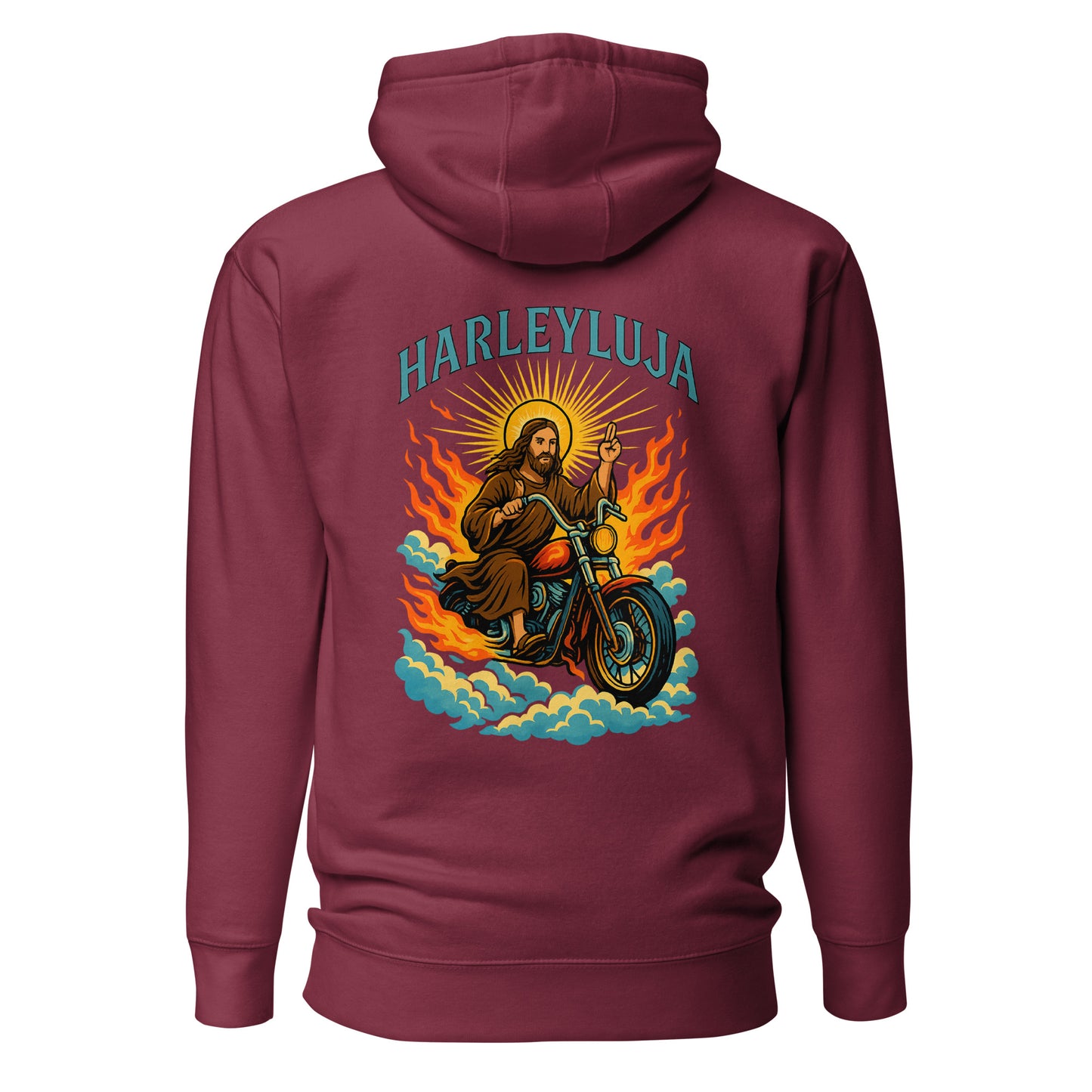 Harleyluja – Jesus fährt Chopper – Unisex Hoodie (Backprint)