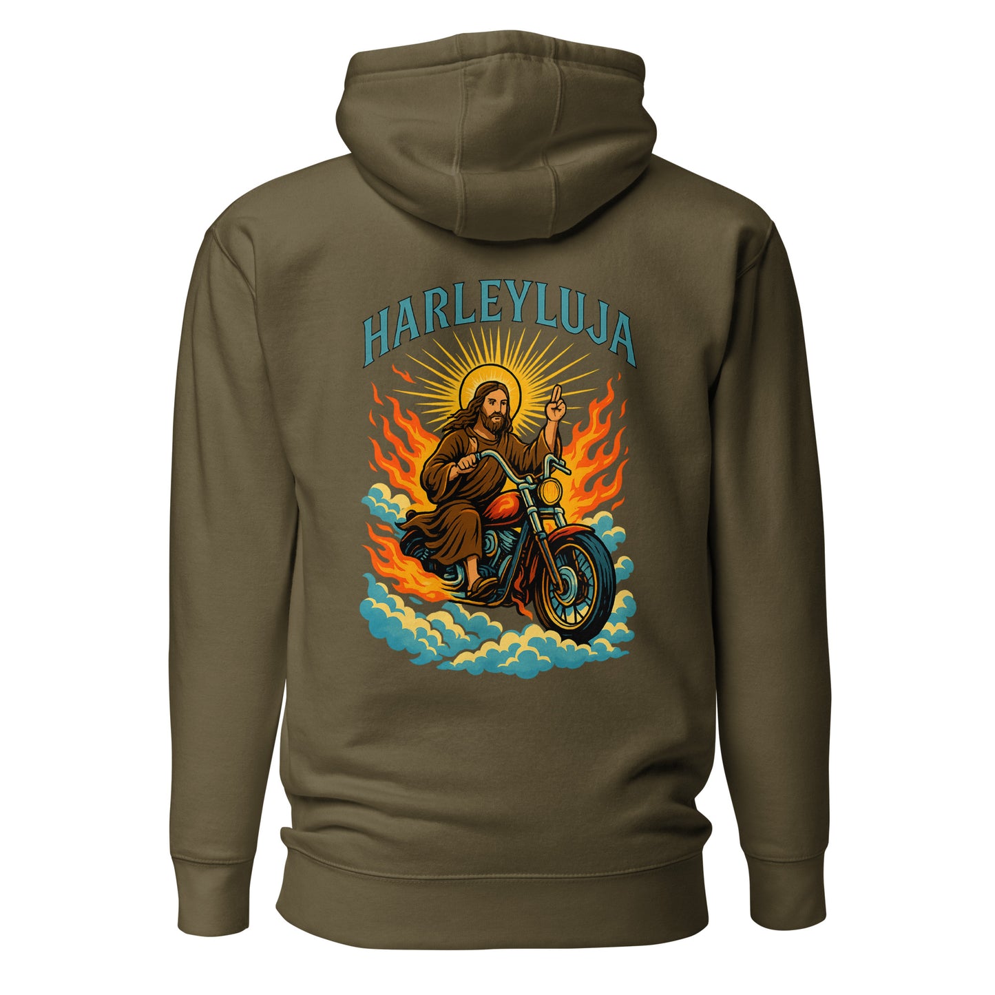 Harleyluja – Jesus fährt Chopper – Unisex Hoodie (Backprint)
