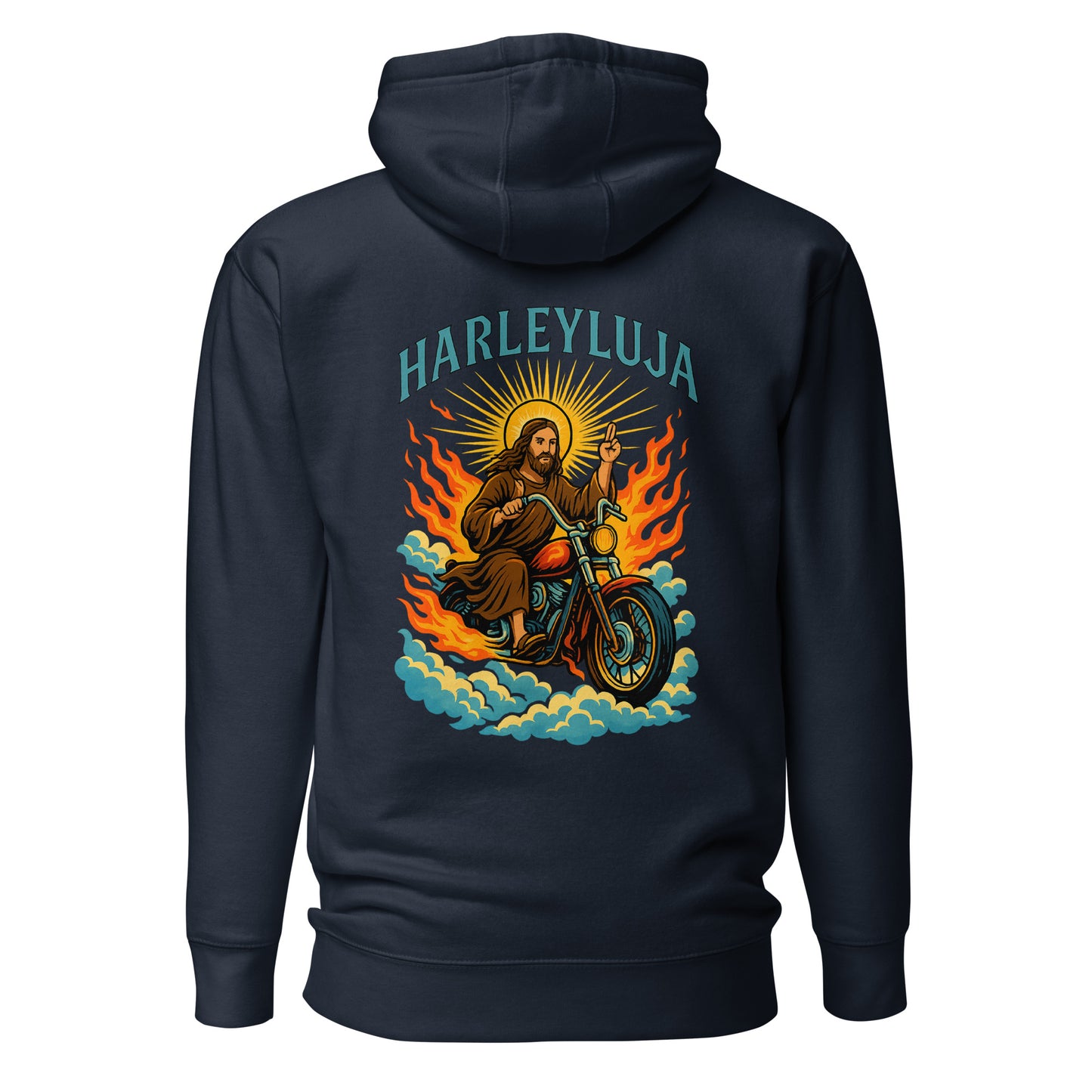 Harleyluja – Jesus fährt Chopper – Unisex Hoodie (Backprint)