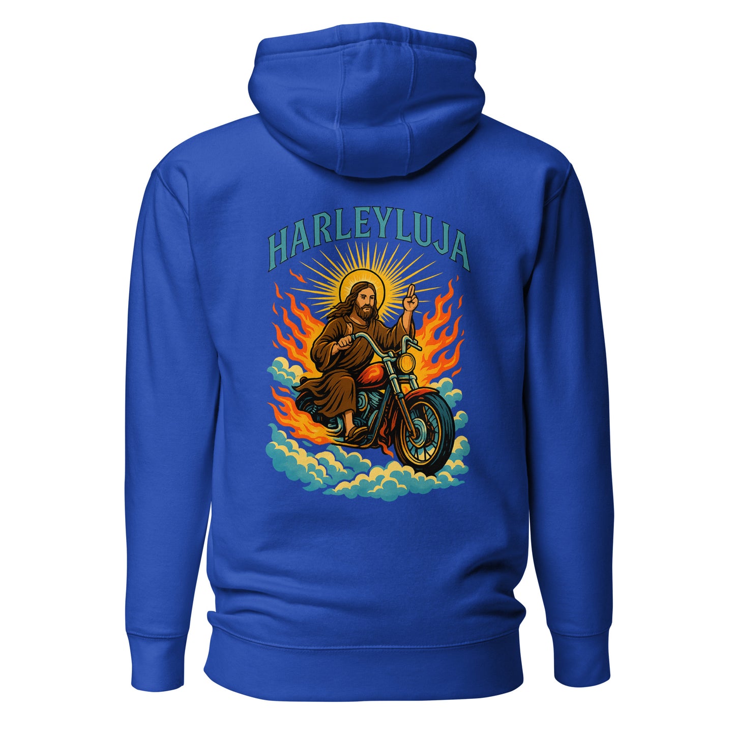 Harleyluja – Jesus fährt Chopper – Unisex Hoodie (Backprint)