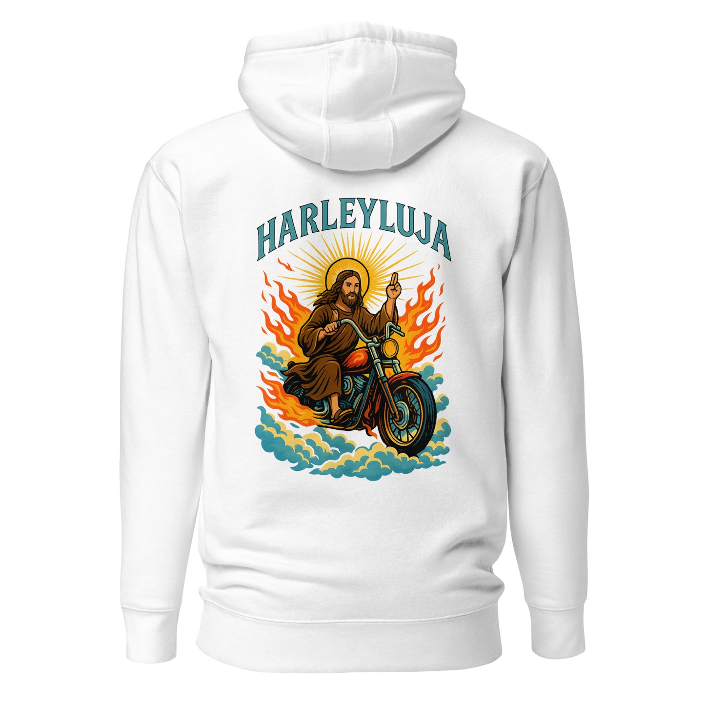 Harleyluja – Jesus fährt Chopper – Unisex Hoodie (Backprint)
