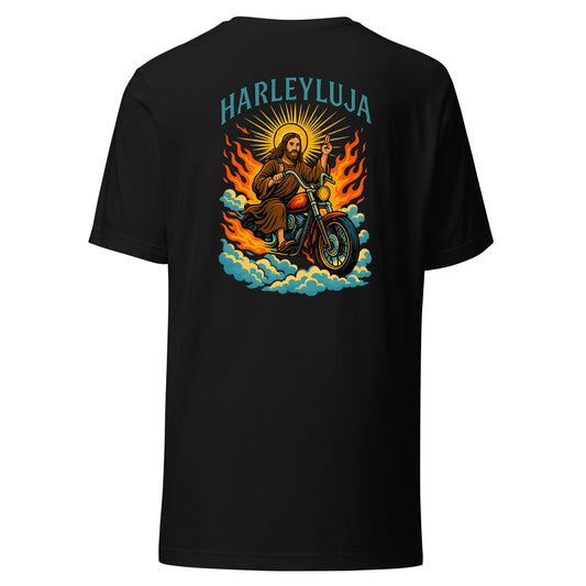 Harleyluja – Jesus fährt Chopper – Backprint T-Shirt