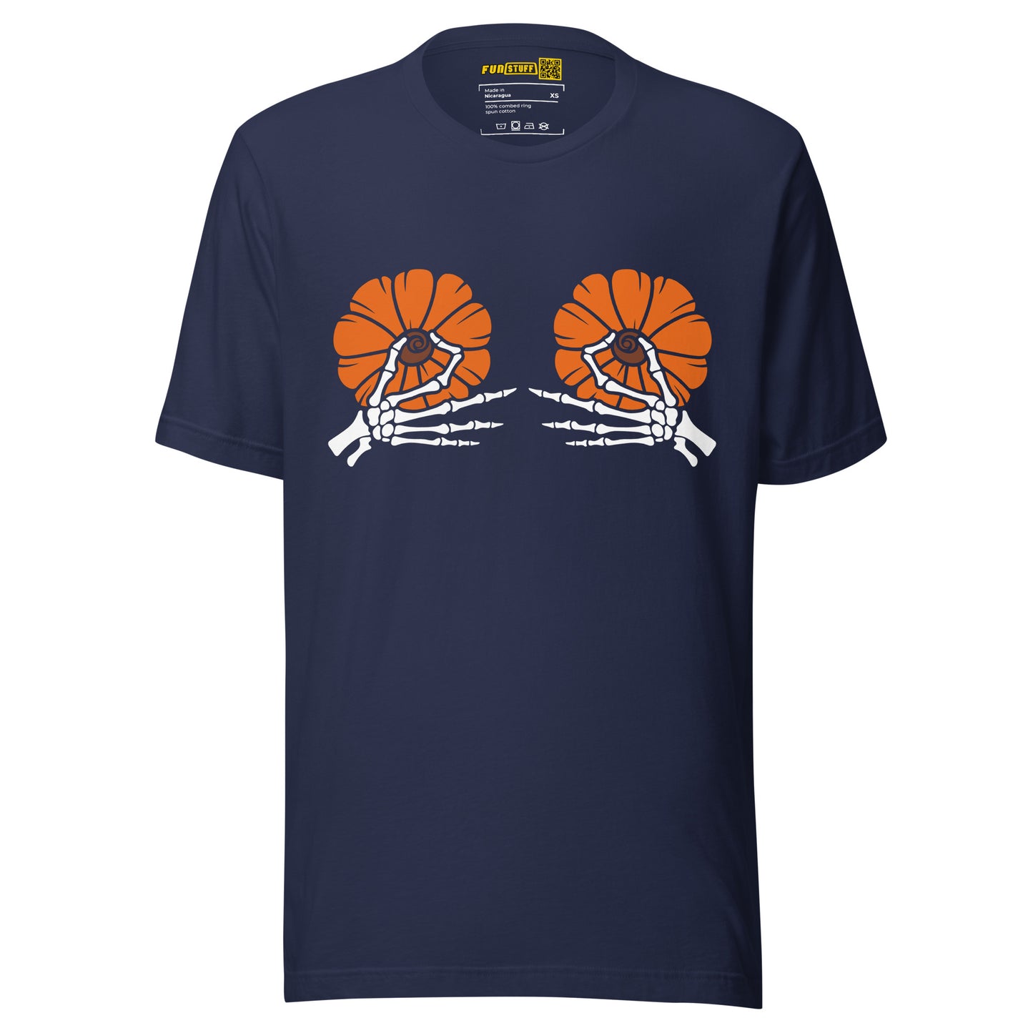 Pumpkin Boobs 2.0 – Halloween Shirt mit Skelett-Händen